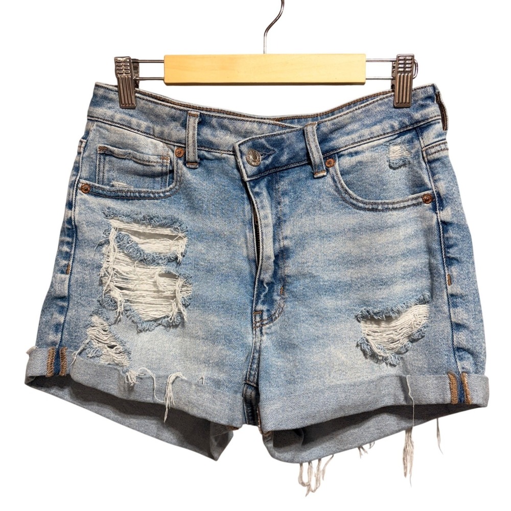 American Eagle High-Rise Crossover Mom Jean Shorts 6 Distressed Festival Grunge